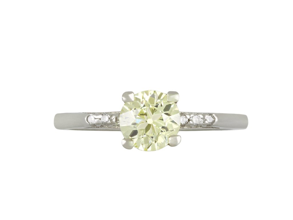 Fancy yellow diamond solitaire ring, English, circa 1950. Fancy yellow diamond solitaire ring, English, circa 1950. 