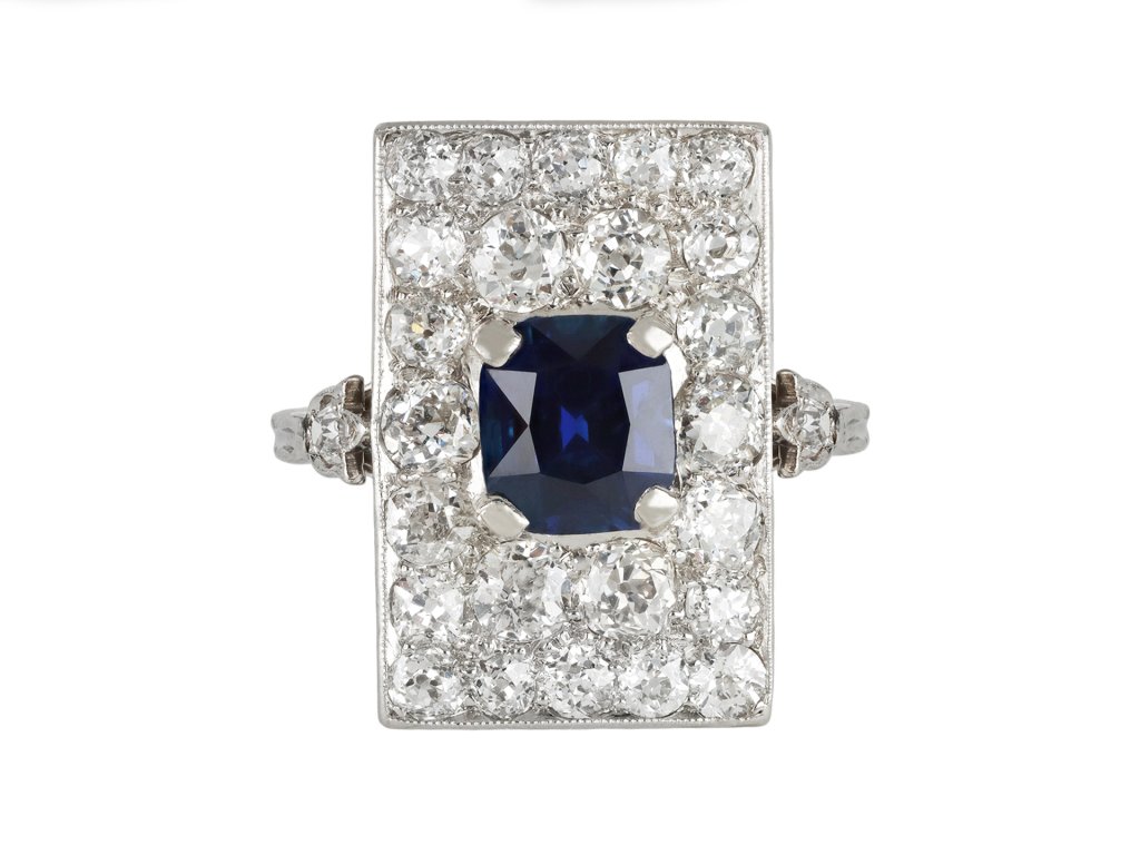 Art Deco sapphire and diamond cluster ring, circa 1925. 