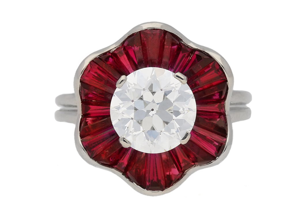 front view Diamond and ruby cluster ring by Oscar Heyman Brothers, circa 1970. berganza hatton garden