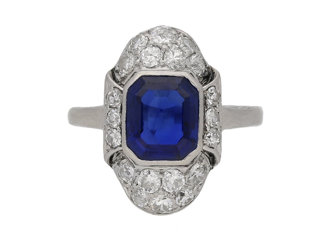 front view art deco diamond sapphire ring berganza hatton garden