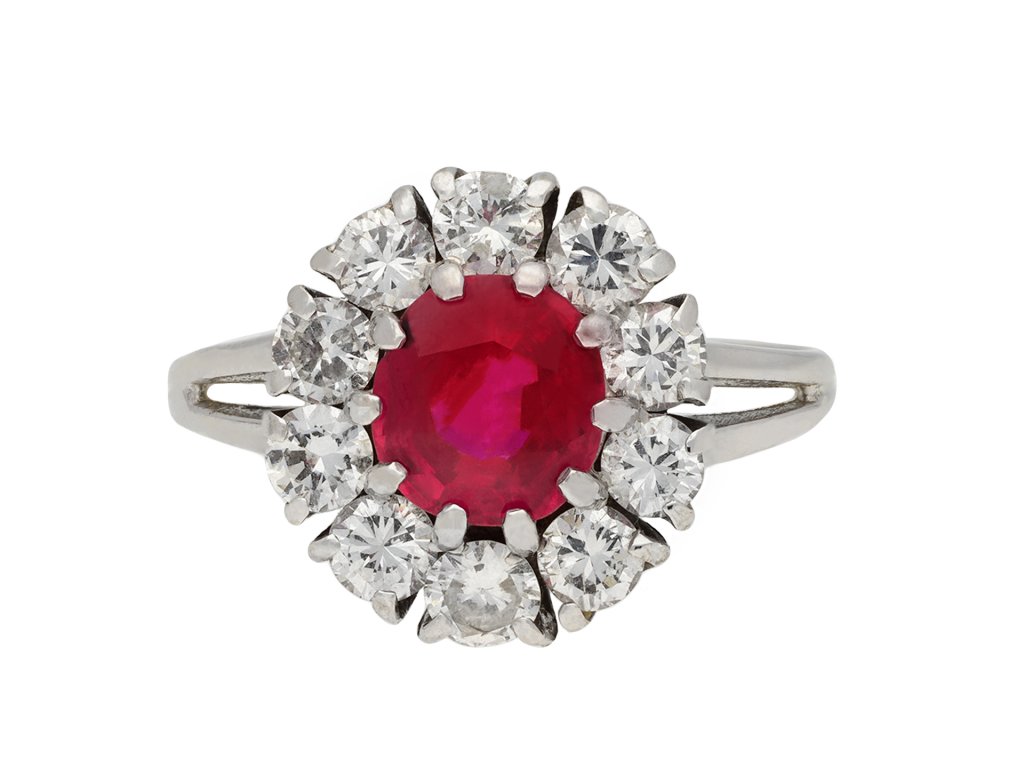 Burmese ruby and diamond cluster ring, circa 1970.  Hatton Garden