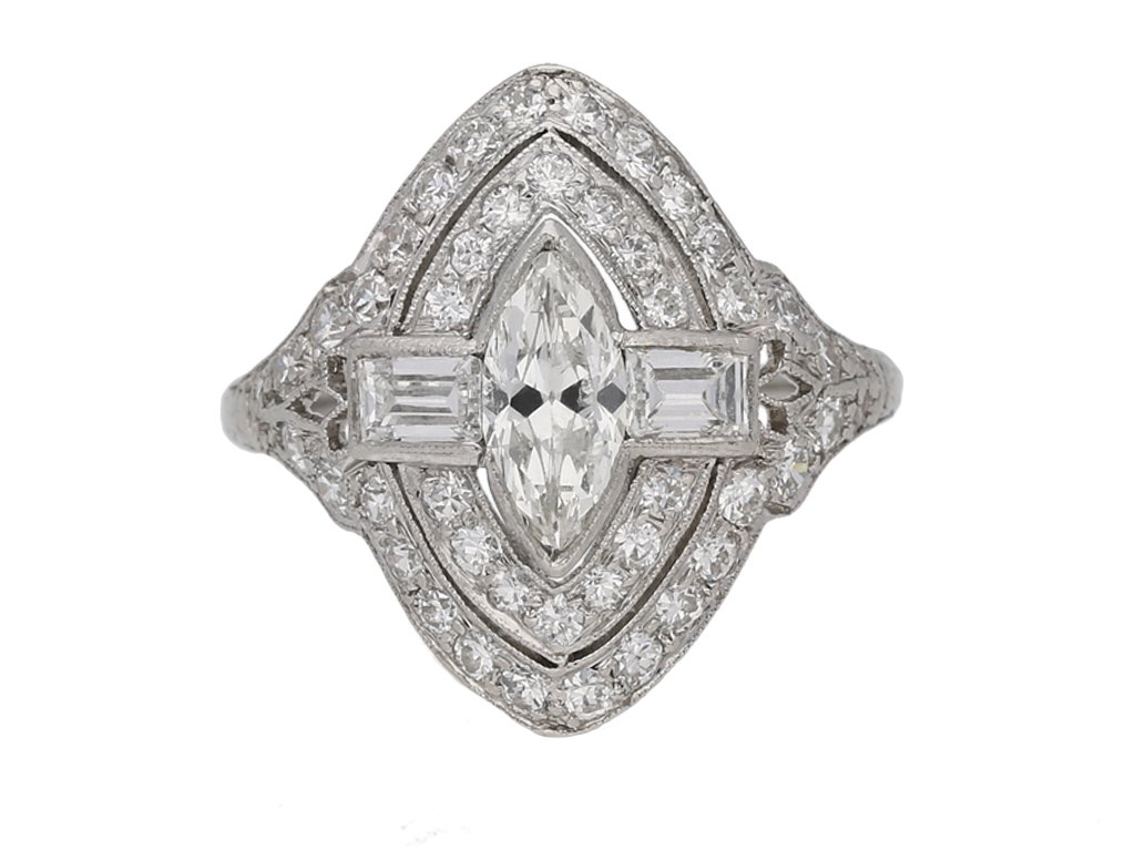front view Antique Marquise diamond cluster ring berganza hatton garden