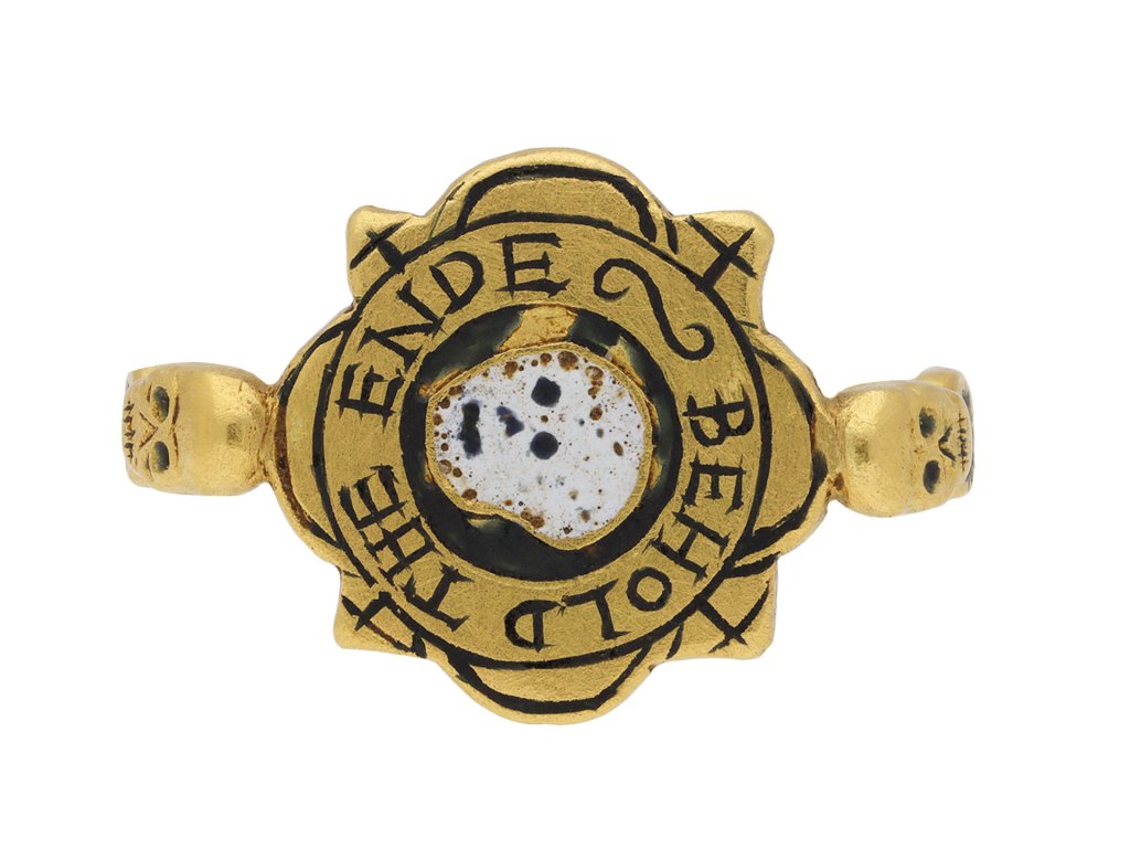 Post Medieval Tudor gold 'Beholde the ende` skull ring. Hatton Garden