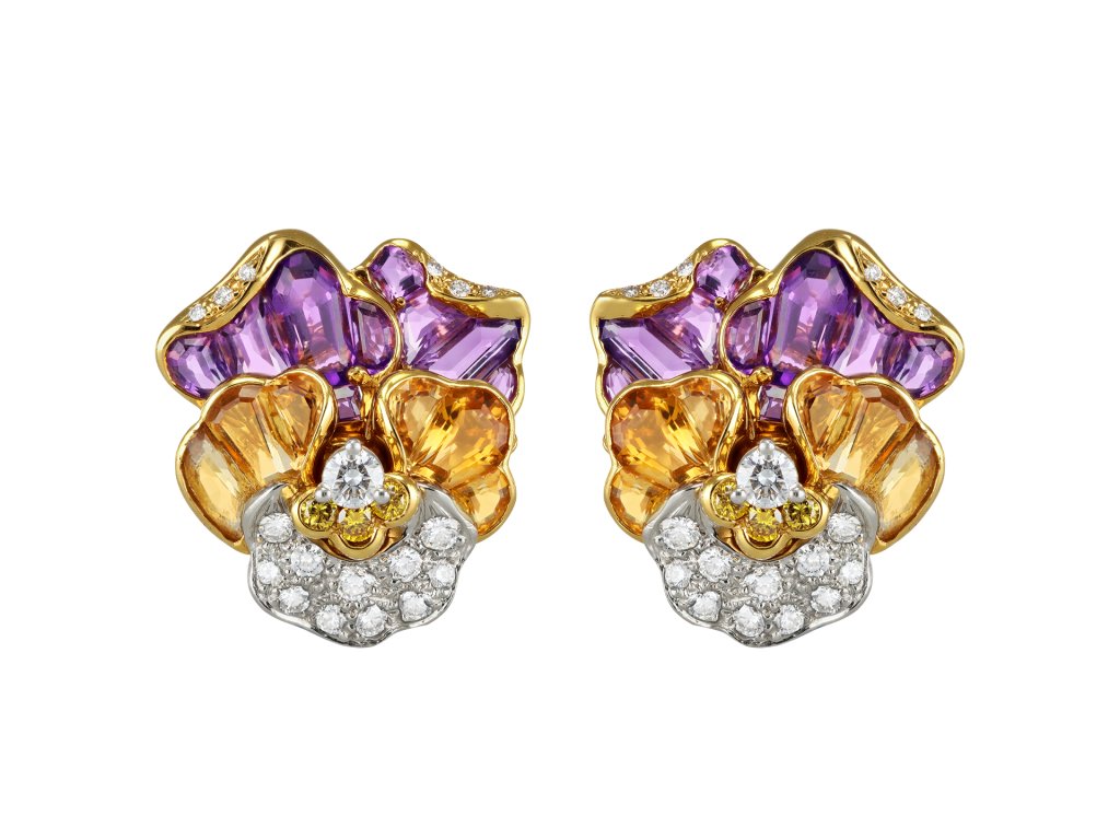 Oscar Heyman Brothers pansy earrings, American.
