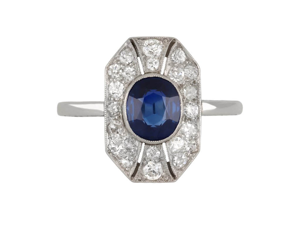 Sapphire and diamond cluster ring, Austrian, circa 1925.