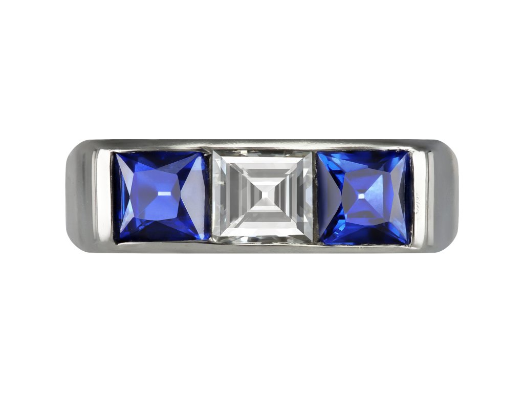 Cartier diamond and sapphire three stone ring, French, circa 1956