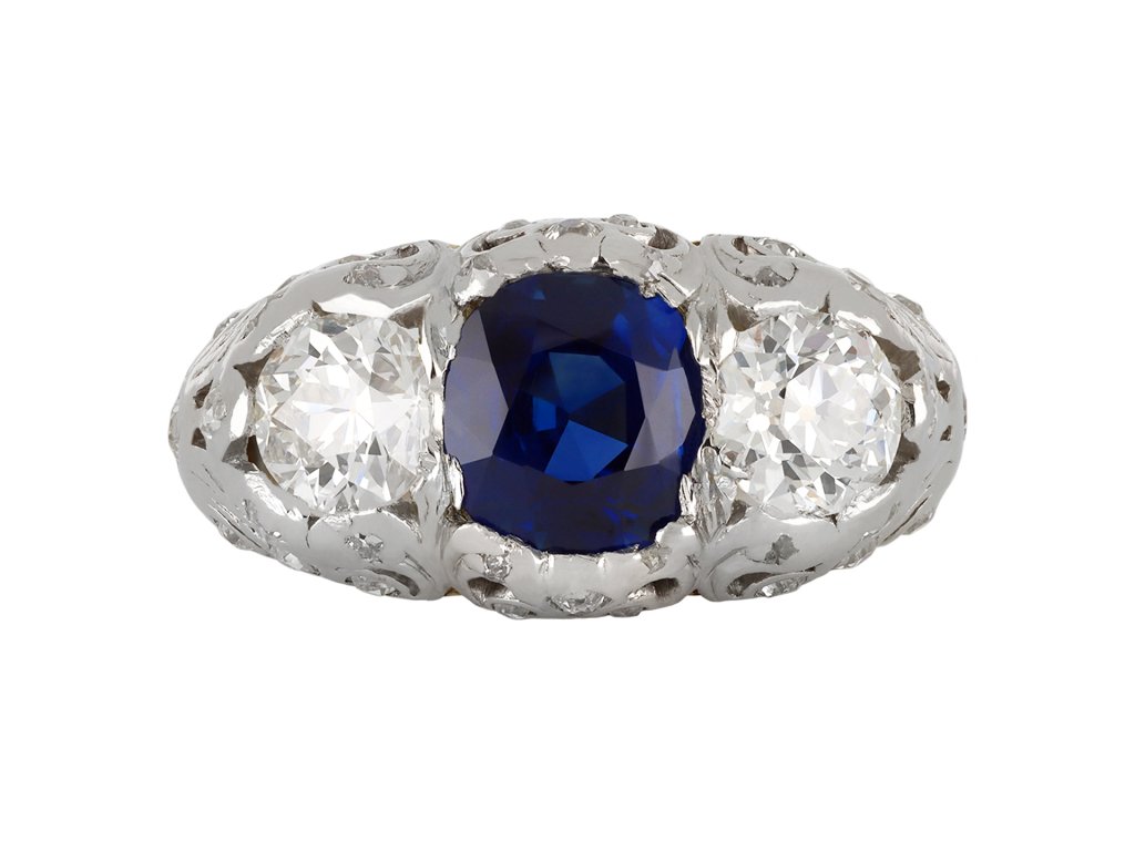 Antique sapphire and diamond three stone ring, English, circa 1920.