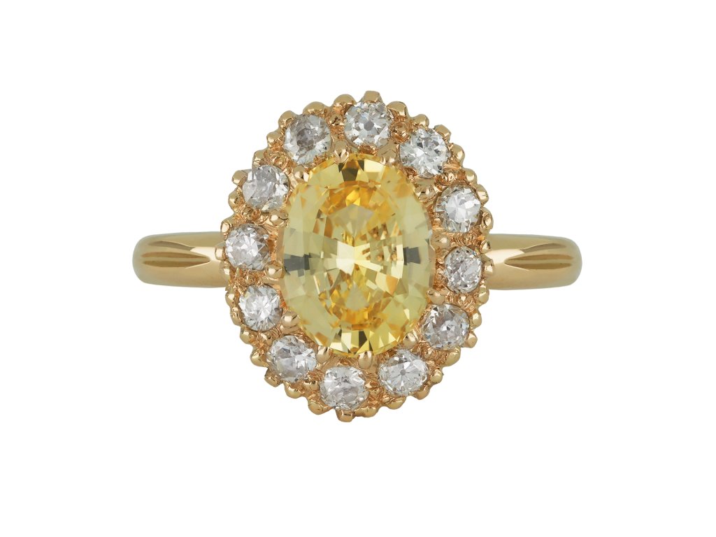 Yellow Ceylon sapphire and diamond coronet cluster ring, circa 1900.