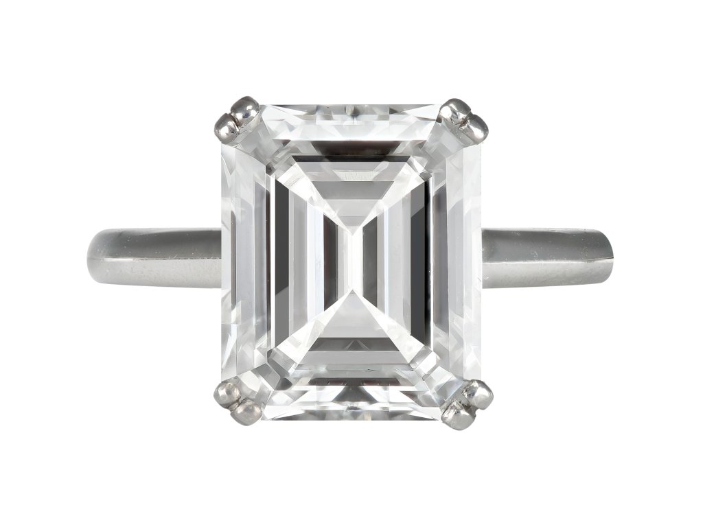 5.13 carat emerald cut diamond solitaire ring, circa 1950.
