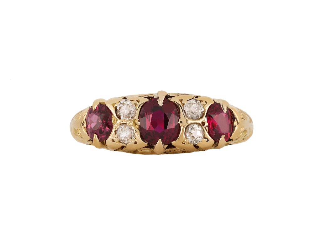 Edwardian ruby and diamond carved ring, English. hatton garden