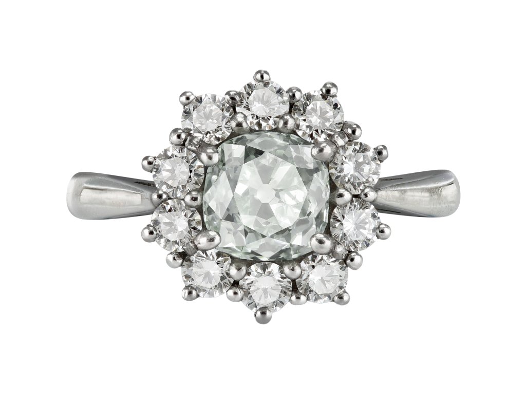 Fancy light yellowish green diamond coronet cluster ring, circa 1970.