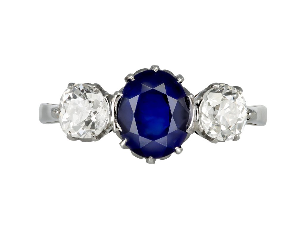 Edwardian Burmese sapphire and diamond three stone ring, circa 1915.