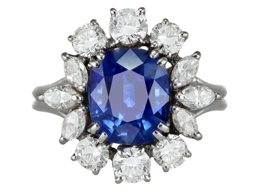 Ceylon sapphire and diamond cluster ring, circa 1950. 