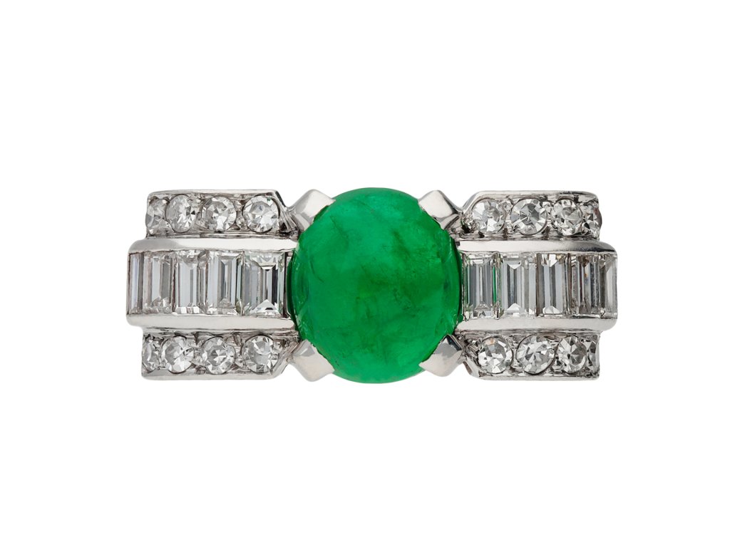 Art Deco cabochon emerald and diamond ring, circa 1925.