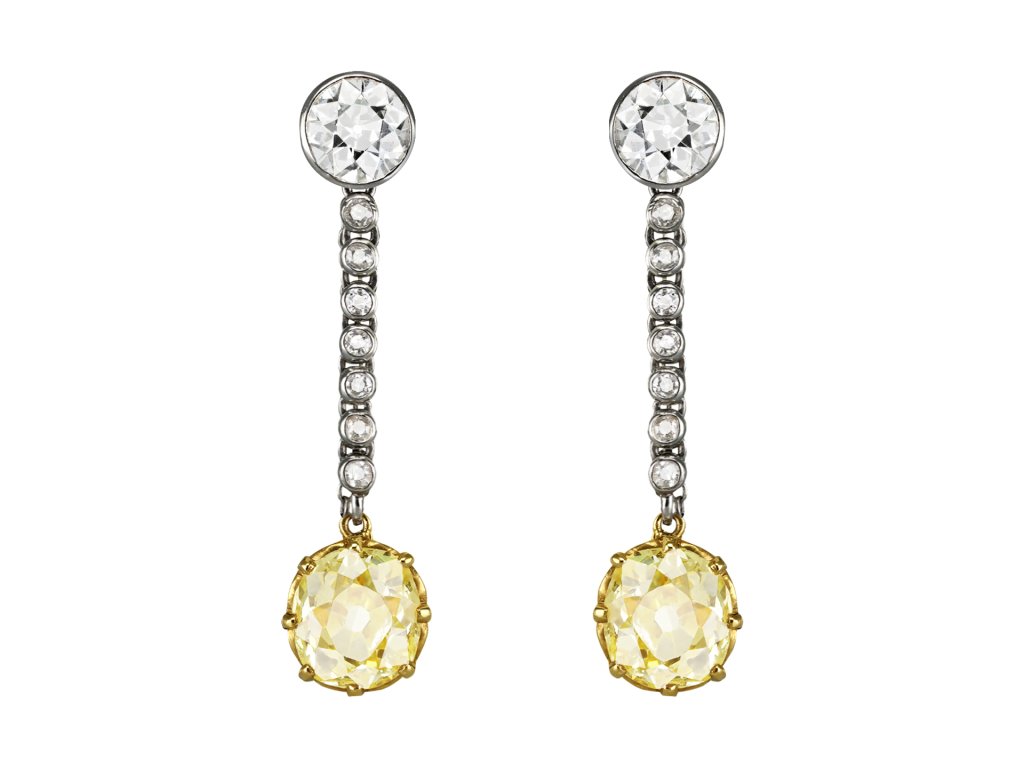 Old mine fancy yellow diamond drop earrings, circa 1910.