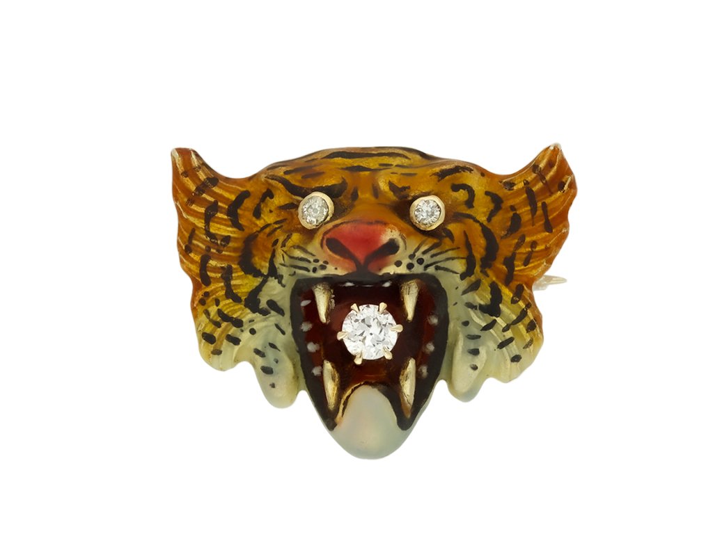 Victorian diamond and enamel tiger brooch berganza hatton garden