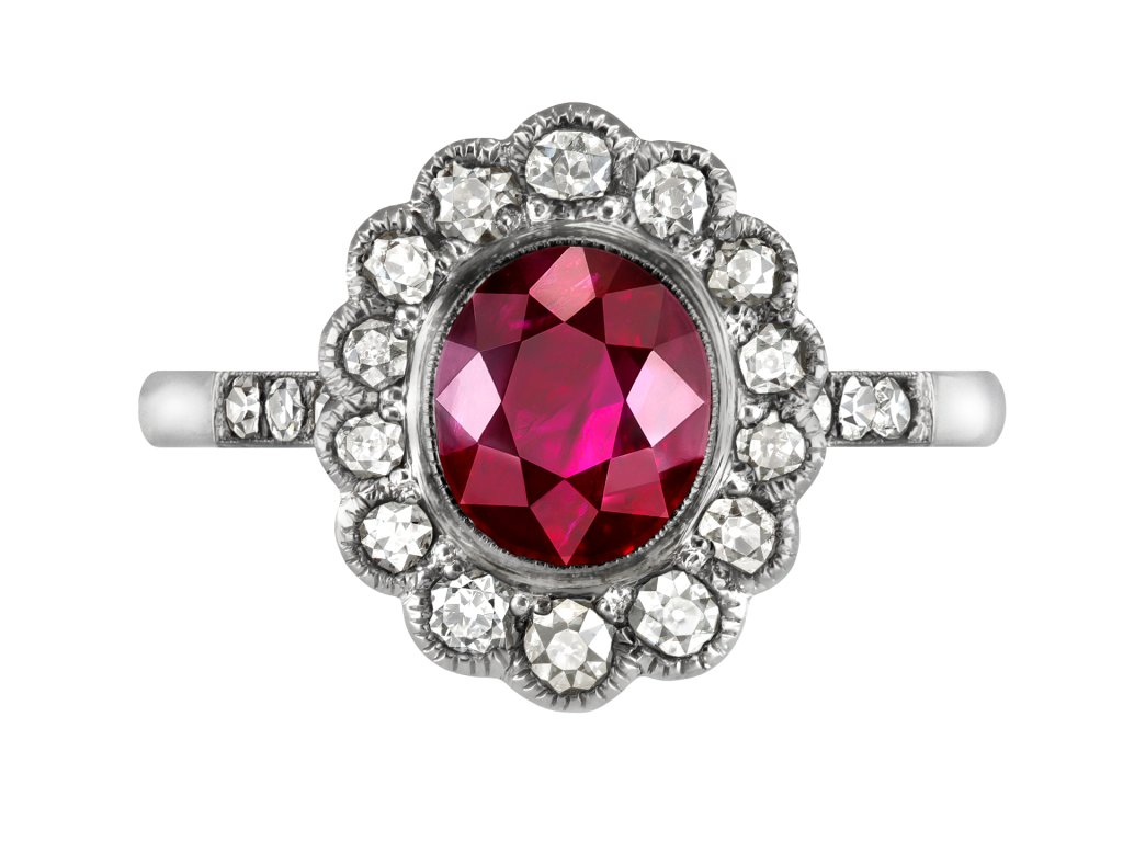 Burmese ruby and diamond coronet cluster ring, circa 1915.