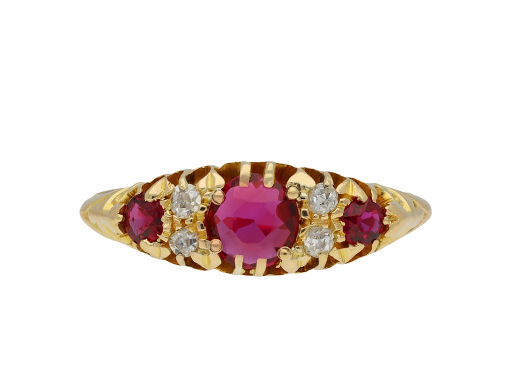 E & F Bauer ruby and diamond three stone ring hatton garden