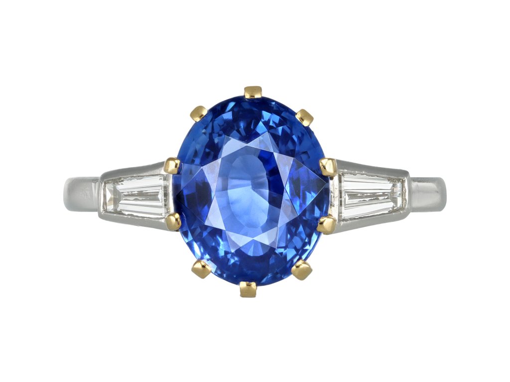 Ceylon sapphire and diamond flanked solitaire ring hatton garden