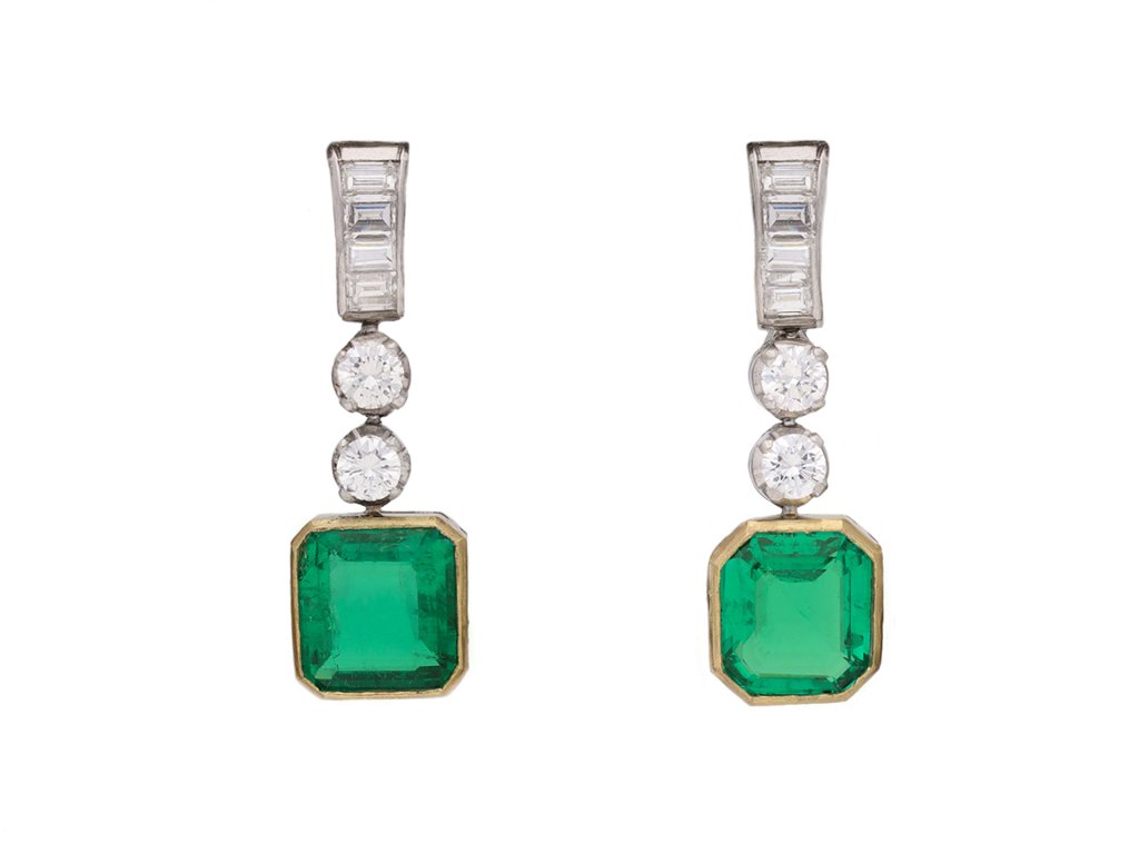 Colombian emerald and diamond drop earrings Italian hatton garden