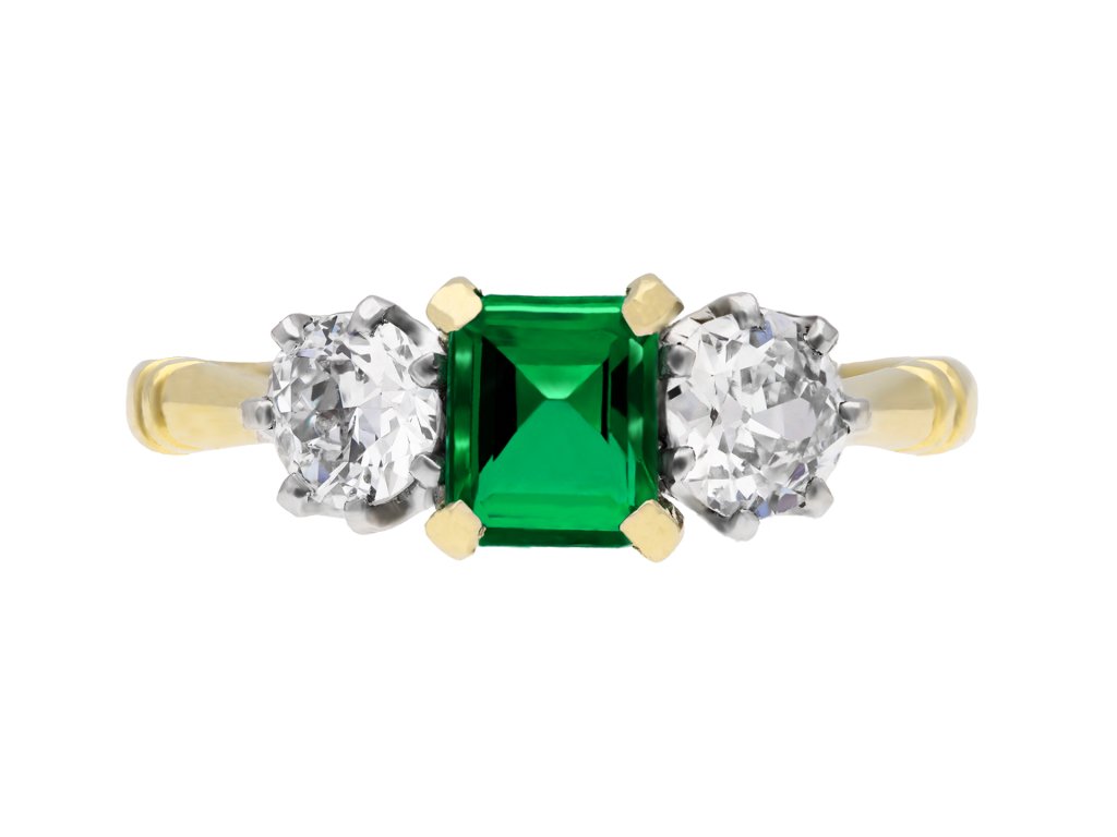 colombian emerald and diamond three stone ring. hatton garden.