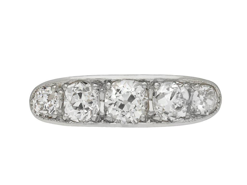 Edwardian diamond five stone ring, circa 1910. Hatton Garden 