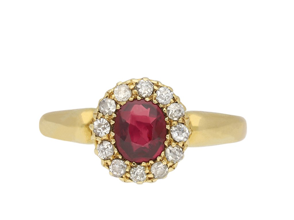 Victorian ruby and diamond coronet cluster ring, circa 1900. Hatton Garden