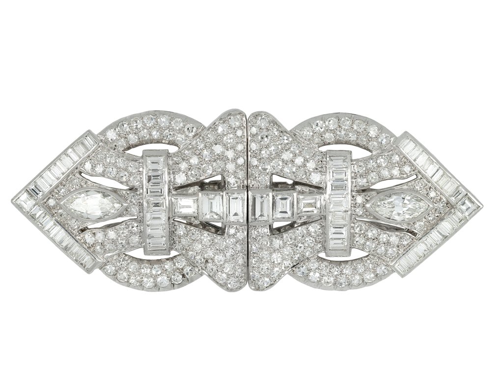 Art Deco diamond double clip brooch, circa 1920 hatton garden