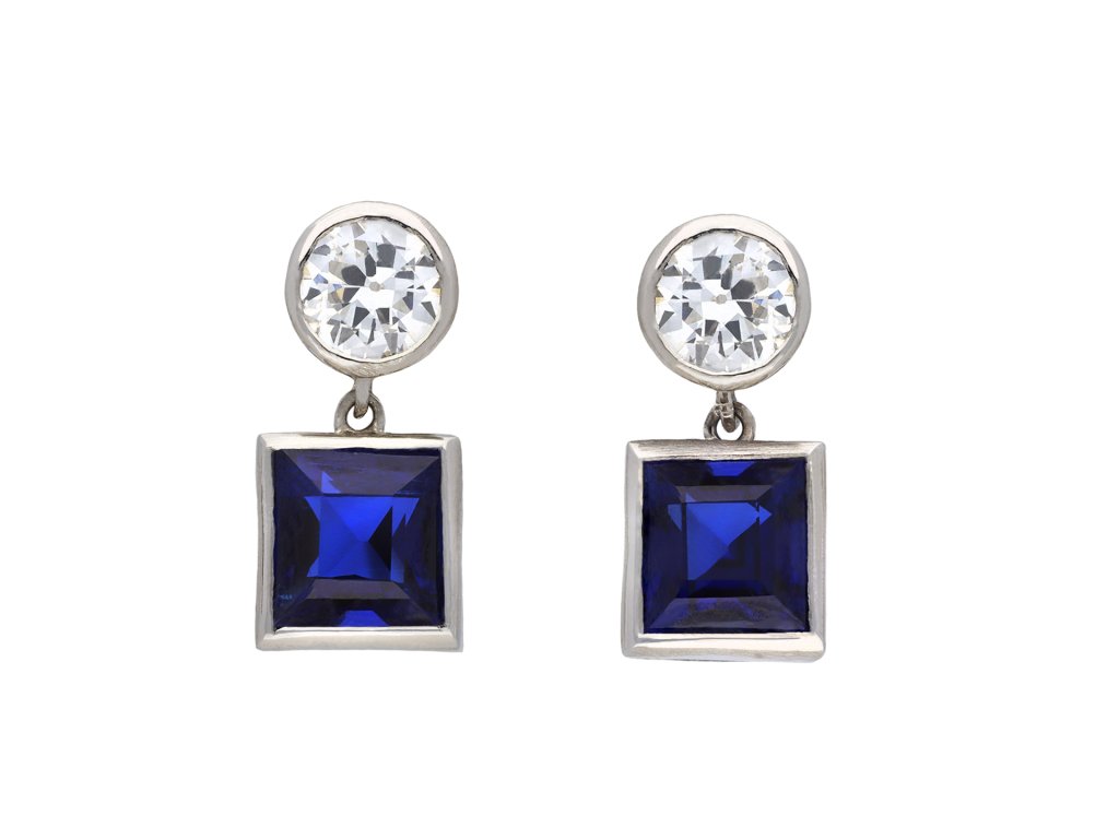 Royal Blue Burmese Sapphire and Diamond earrings, circa 1925. Hatton Garden