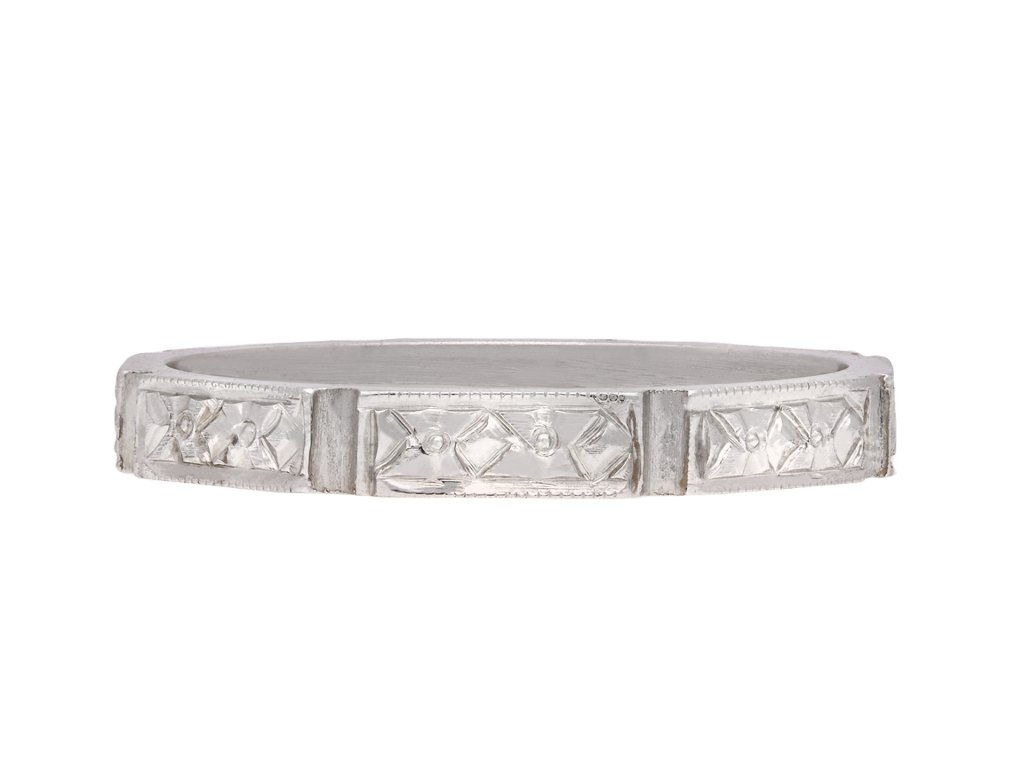 Engraved platinum wedding band, circa 1930. Hatton Garden