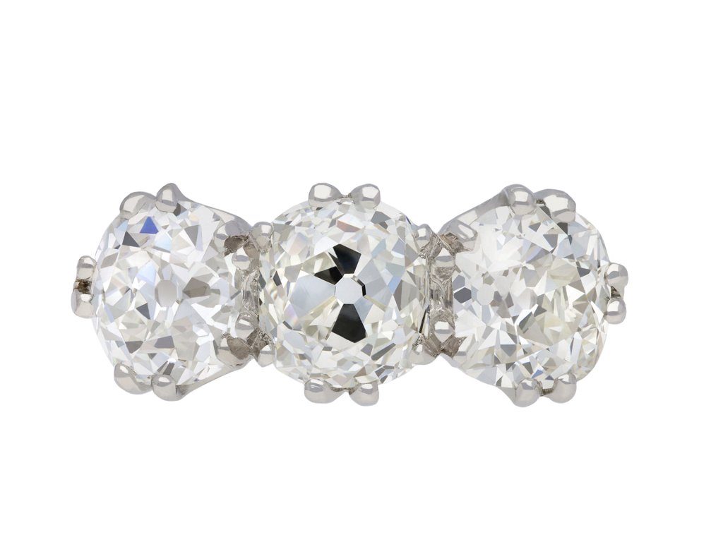 Edwardian diamond three stone ring, circa 1915. Hatton Garden