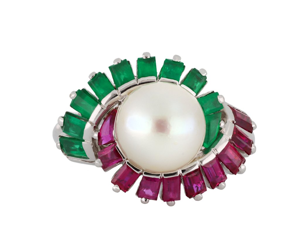 Mauboussin pearl, ruby and emerald cluster ring hatton garden