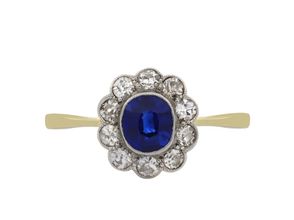Sapphire and Diamond Coronet Cluster Ring hatton garden