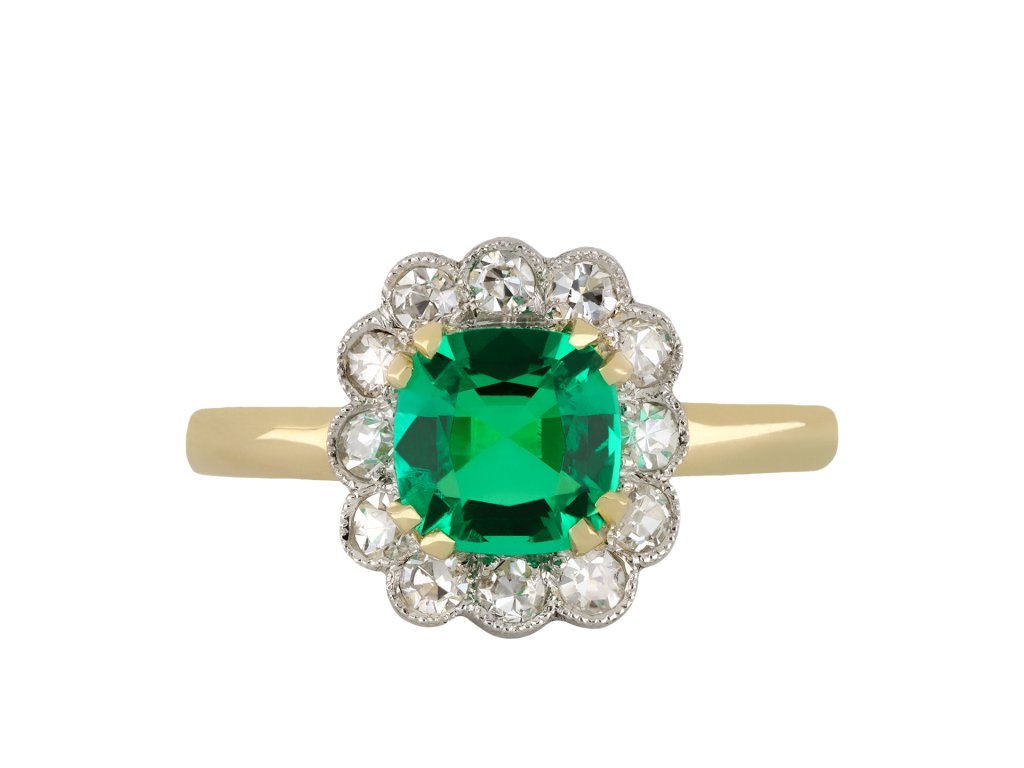 Colombian emerald and diamond coronet cluster ring hatton garden