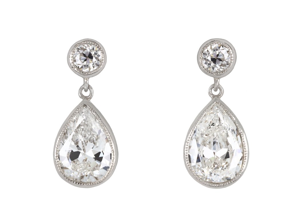 Drop shape old cut diamond earrings, circa 1925 Hatton Garden