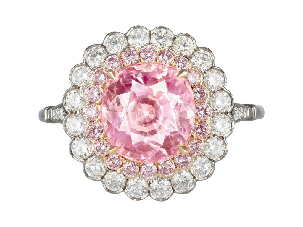 Padparadscha Ceylon sapphire and pink diamond cluster ring.