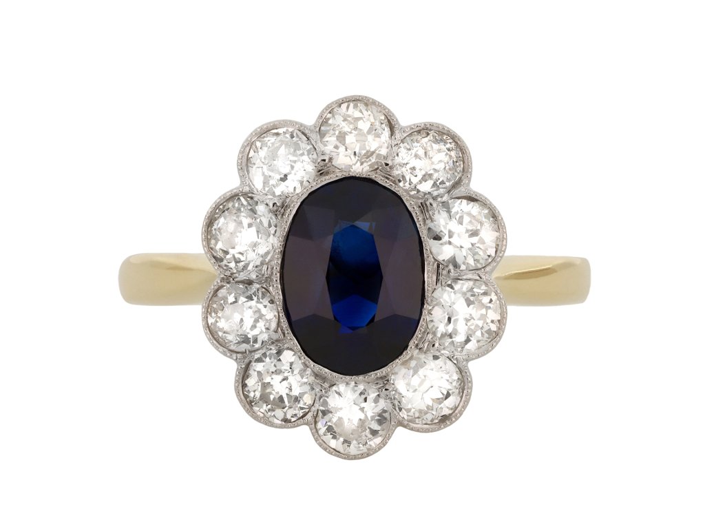 Edwardian sapphire and diamond coronet cluster ring Hatton garden