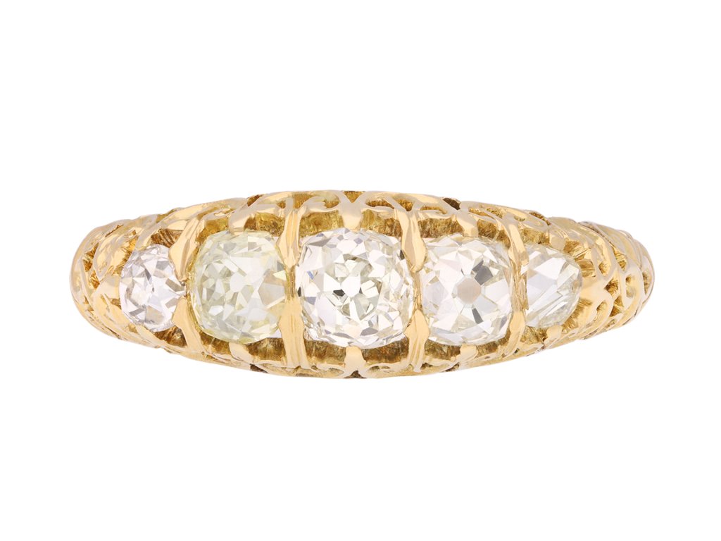 Victorian diamond five stone ring, circa 1900. Hatton Garden