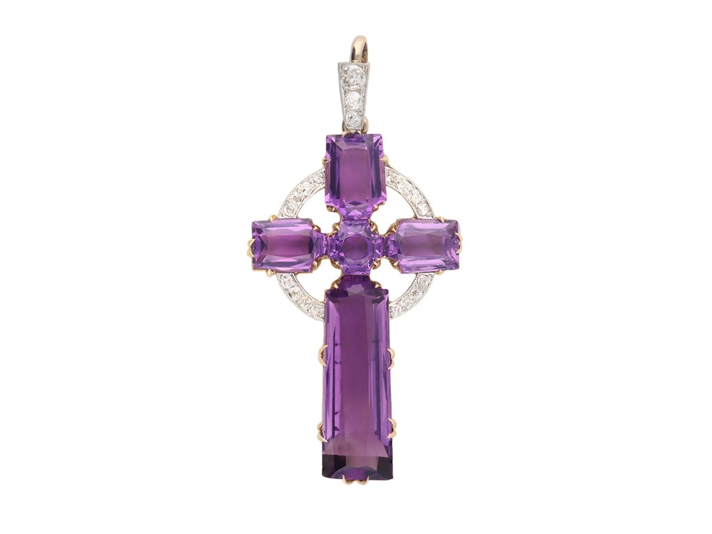 Amethyst and diamond cross pendant, circa 1920. Hatton Garden