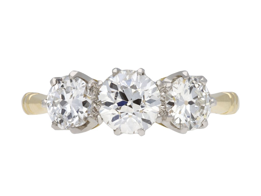 Edwardian diamond three stone ring, circa 1910. Hatton Garden