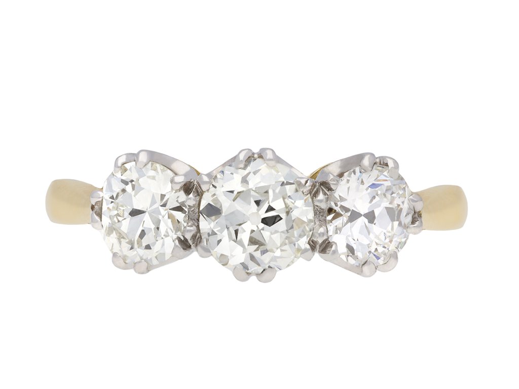 Edwardian diamond three stone ring, circa 1910. Hatton Garden