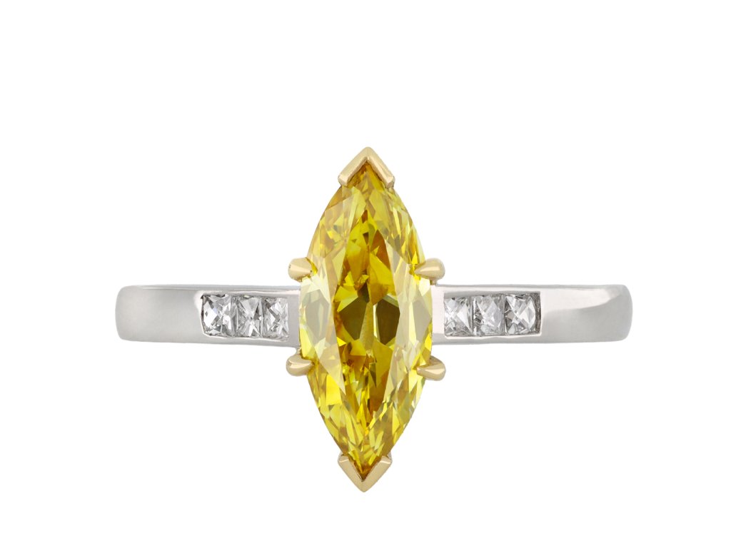 Fancy deep yellow marquise diamond ring Hatton Garden