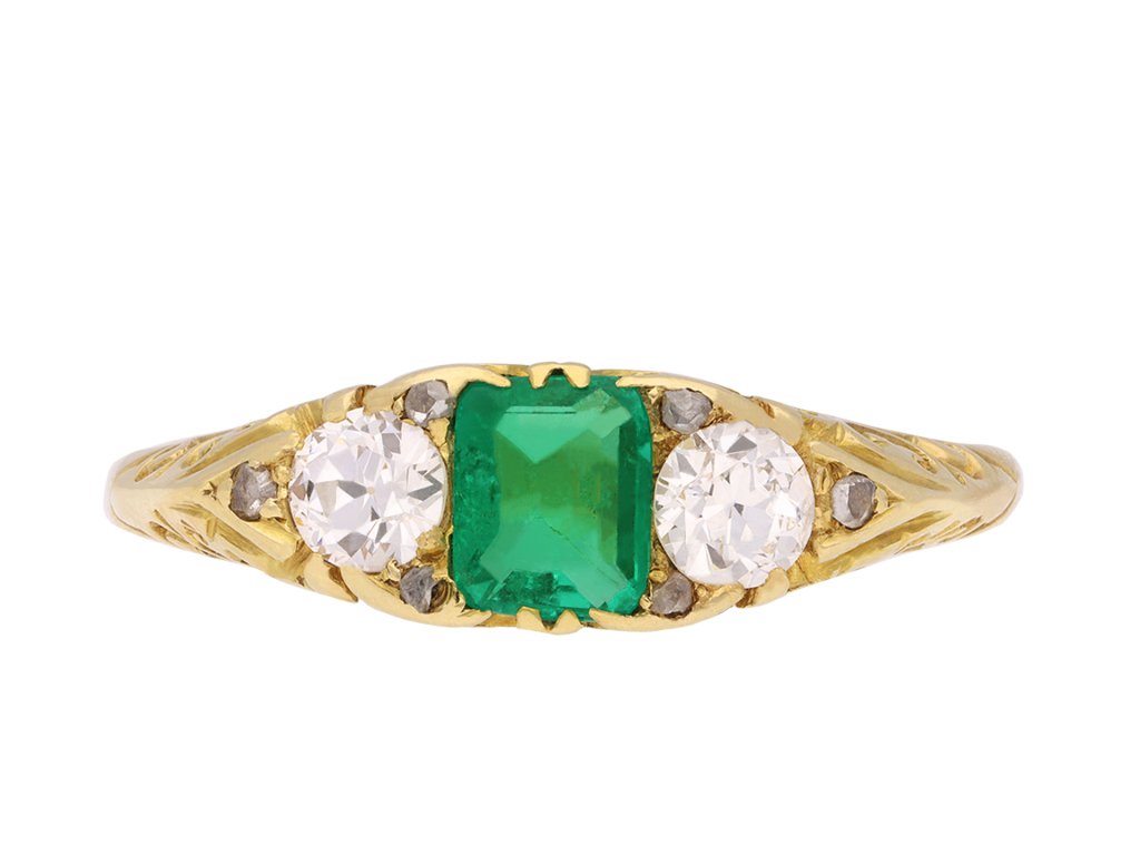 Victorian Colombian emerald and diamond three stone ring, circa 1890. Hatton garden