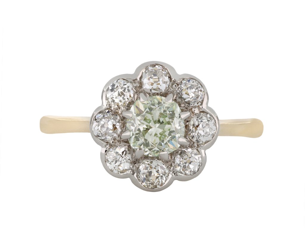 Fancy faint green diamond cluster ring circa 1940 hatton garden
