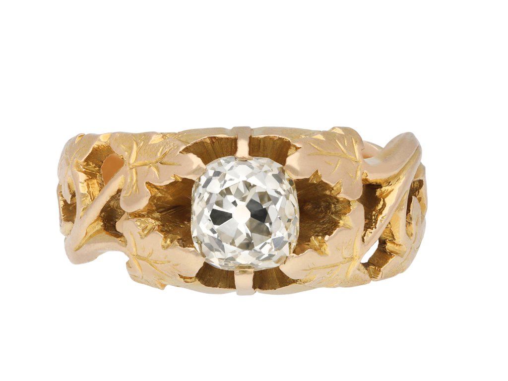 Diamond solitaire carved ring, circa 1880. Hatton Garden