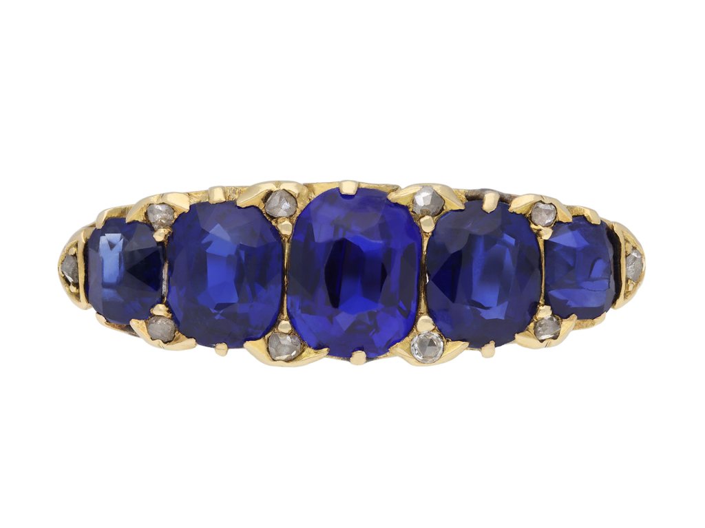 Victorian sapphire five stone ring, circa 1890. Hatton Garden