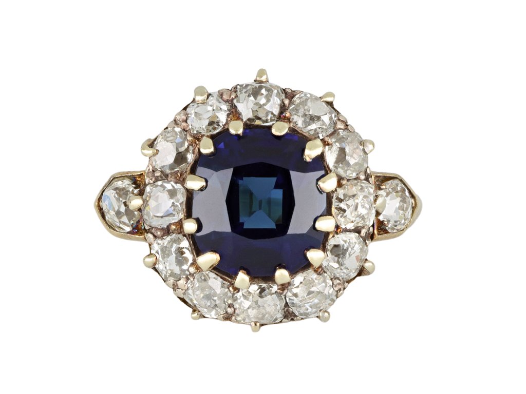 Sapphire and diamond coronet cluster ring, circa 1900.