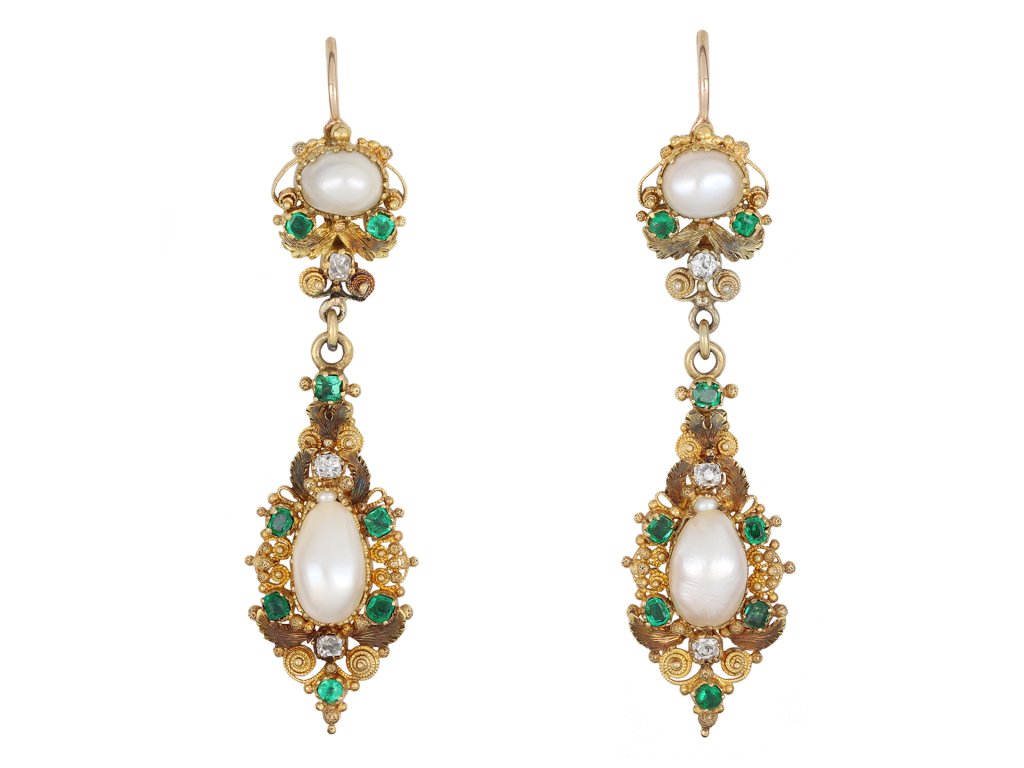 Georgian pearl, emerald and diamond drop earrings hatton garden