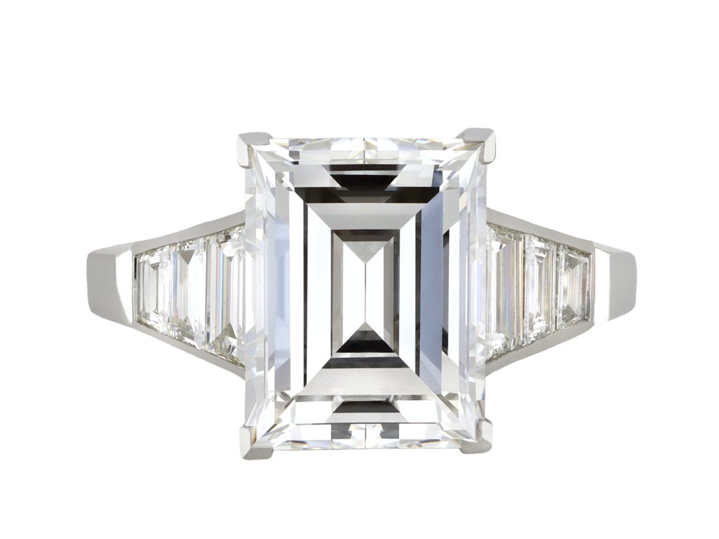 Art Deco step cut diamond flanked solitaire ring hatton garden