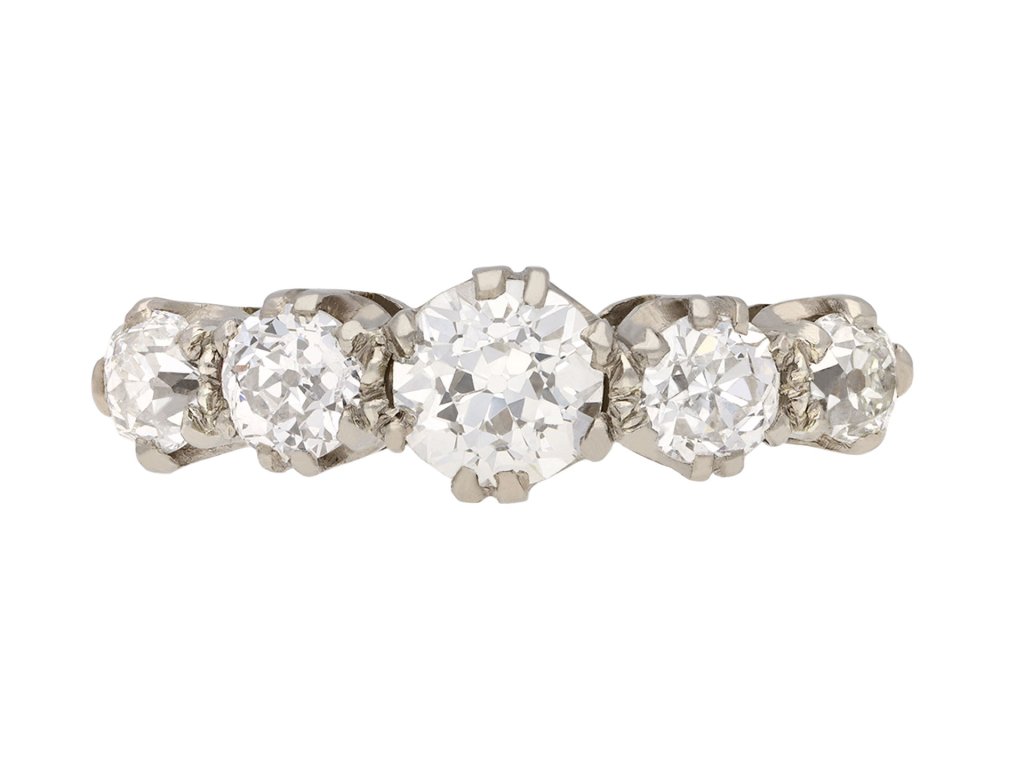 Edwardian diamond five stone ring, English, circa 1910. Hatton Garden